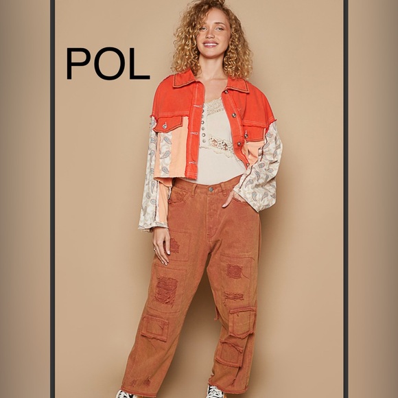 95. NWT POL Red-Orange and Cream Patchwork Jacket w/Open Back+Mixed Media - Picture 7 of 7